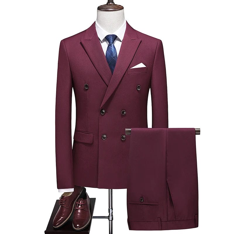 Showlu Fashion Store wine / Asian M is US 3XS 2023 Fashion New Men's Business Double Breasted Solid Color Suit Coat / Male Slim Wedding 2 Pieces Blazers Jacket Pants Trousers