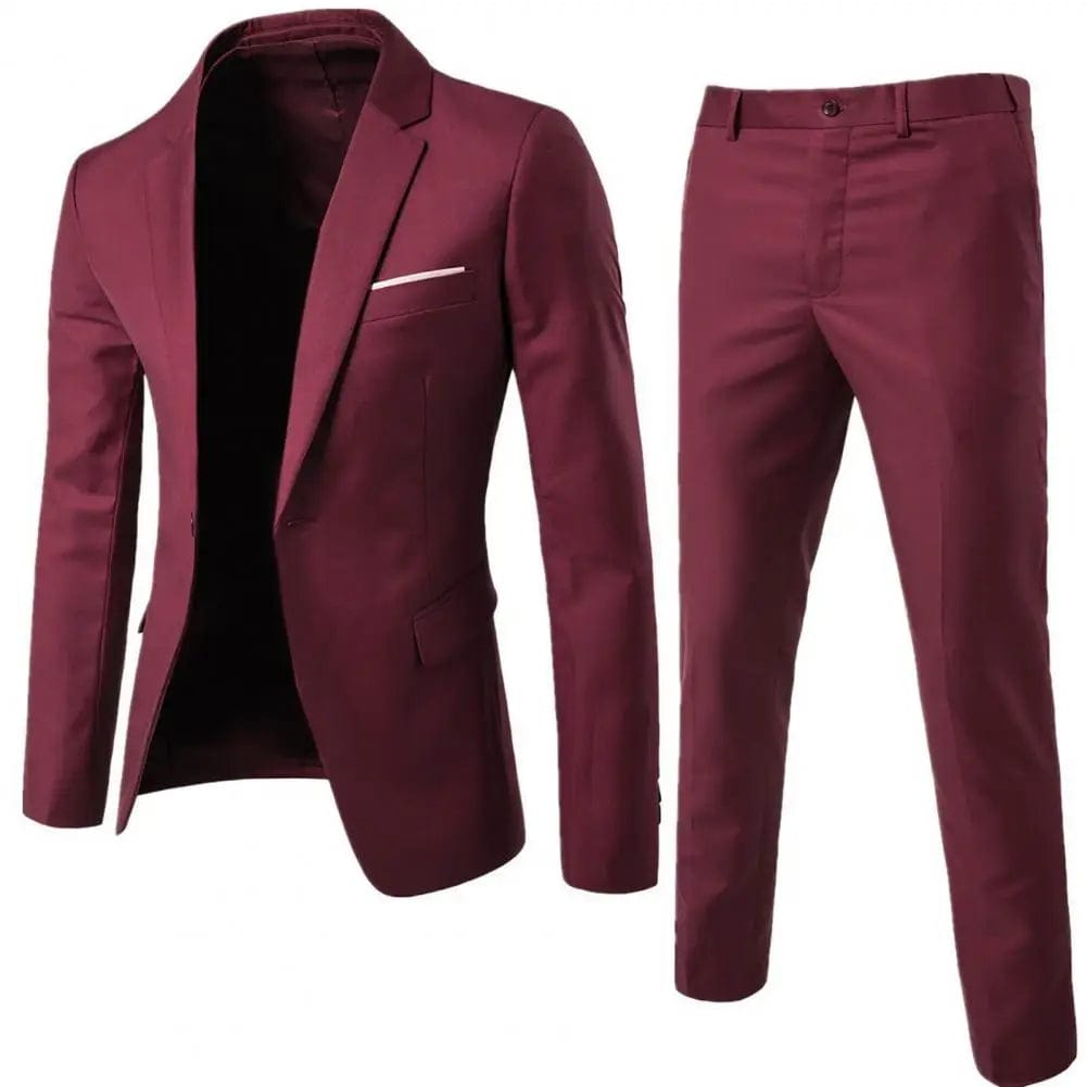 SHOWLU FASHION STORE Wine Red / 2XL 1 Set Trendy Men Suit Anti Deformation Formal Suit Turndown Collar Pure Color One Button Suit Set  Daily Wear