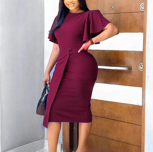 SHOWLU FASHION STORE Wine Red / M Office Dresses for Woman Elegant Stylish 2024 New O Neck Ruffles Sleeve Buttons Sheath Mid Calf Professional Work Dress Midi Hot