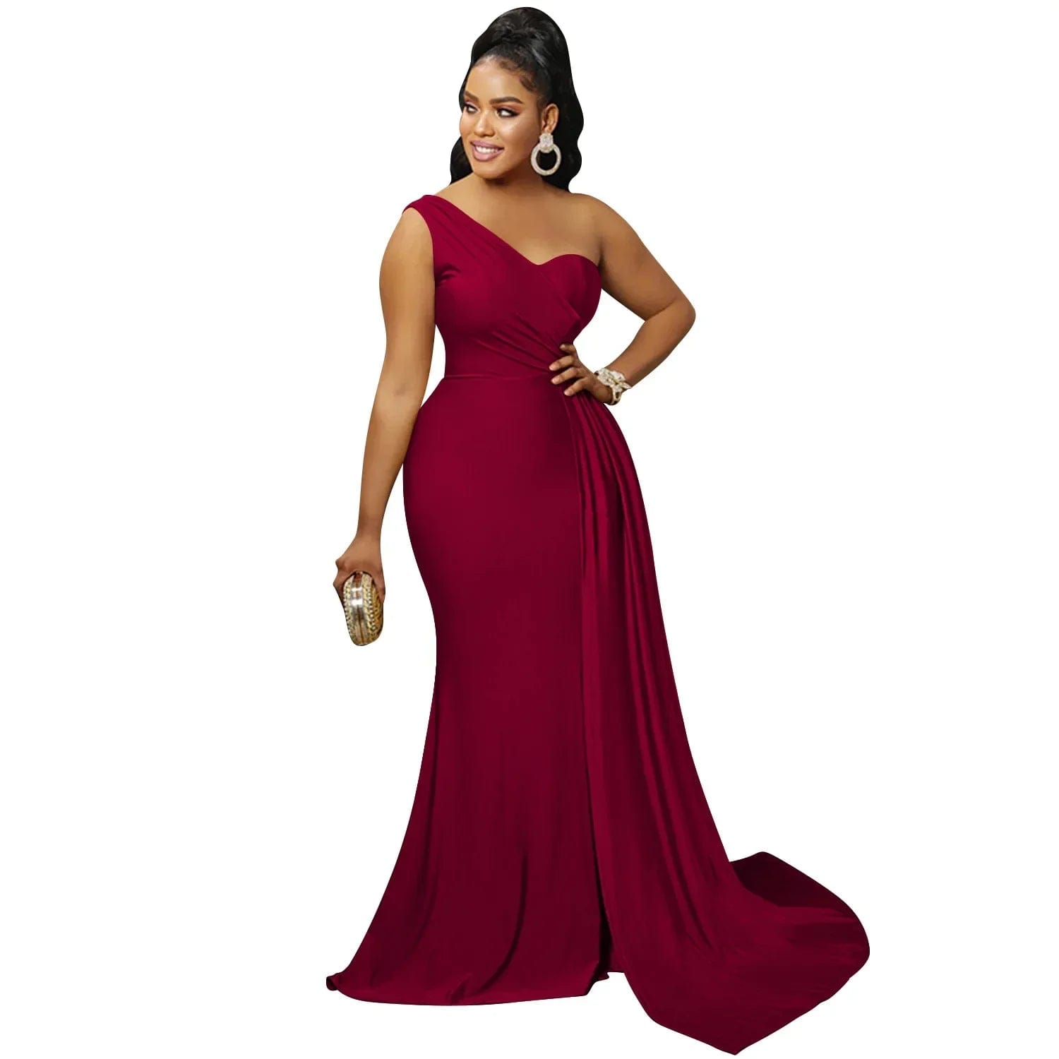 SHOWLU FASHION STORE Wine Red / S 2024 Women Fashion Solid Color Tight One-Shoulder Long Dress Wedding Bridesmaid Mop The Floor Dress Sexy Night Party Red Dress