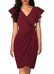 Showlu Fashion Store wine red / S Bodycon Summer Dress Cocktail Faux Wrap Dresses Deep V Neck Ruffle Sleeve Ruched Party Work Formal Wedding Sexy Dress for Women