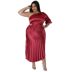 SHOWLU FASHION STORE wine red / XL XL-5XL 2023 Spring New Arrival African Women Half Sleeve Solid Color Polyester Pleated Dress Dashiki African Dresses for Women