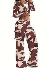 SHOWLU FASHION STORE Wine Red / XXL Camouflage Printed Casual Set Fashionable Sexy Short Top Casual Pants Two-piece Set Women's Sports Suit Outdoor Clothing