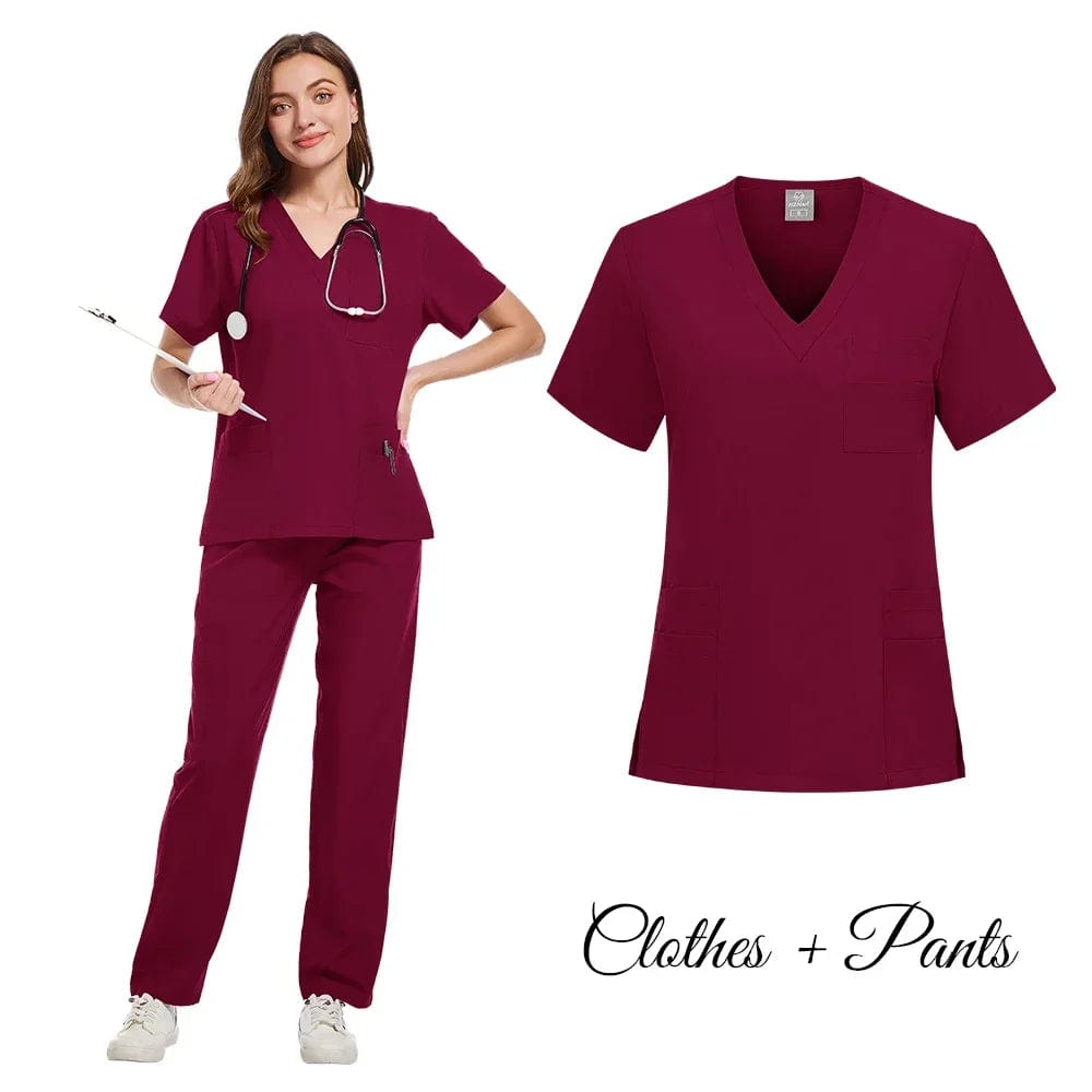 SHOWLU FASHION STORE Wine red / XXL New Nurse Uniforms Elatic Solid Tops Pants Woman Man Scrub Trousers Dental Vet Hospital Pet Clinic Medical Uniform Scrub Sets