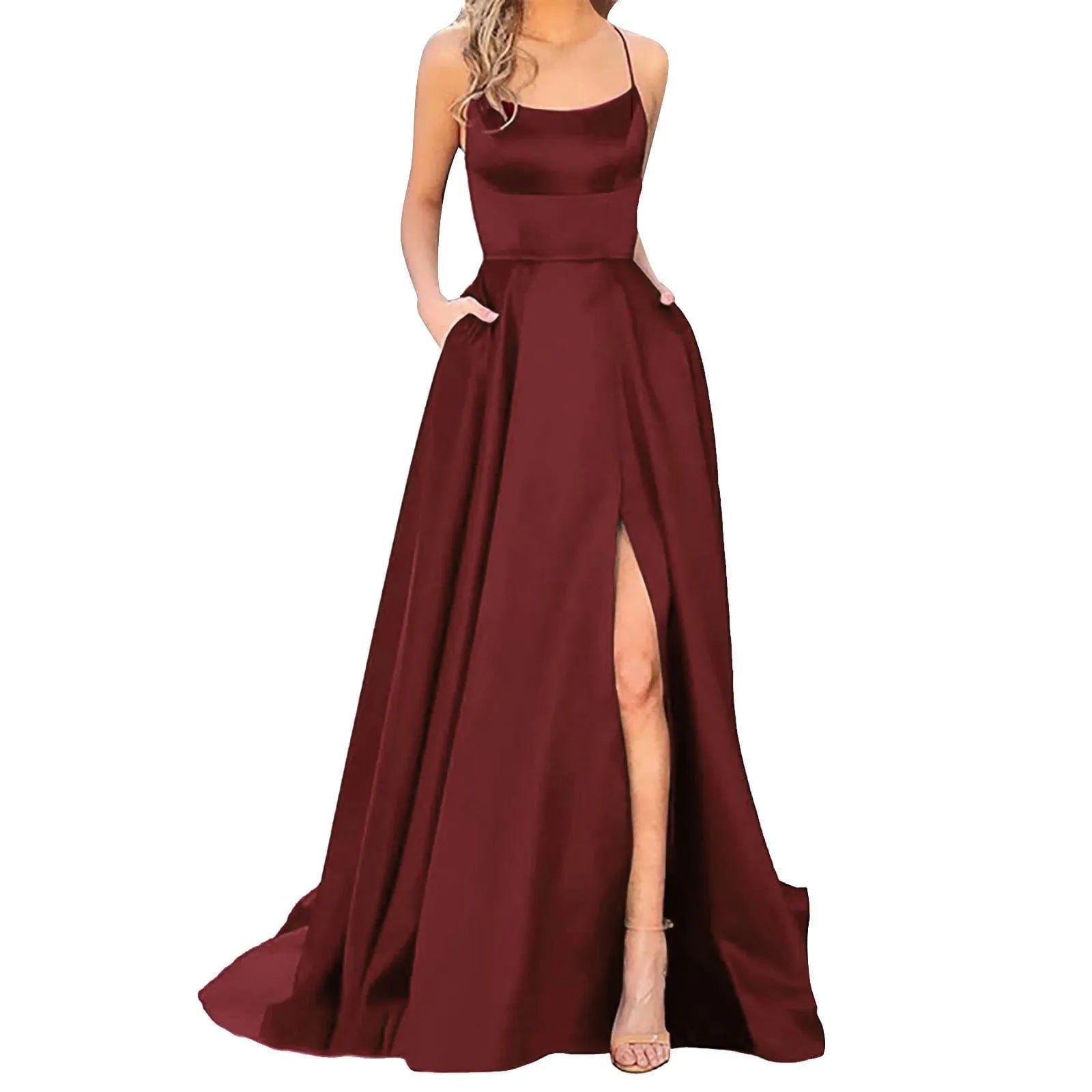 SHOWLU FASHION STORE Wine / XL Sexy Spaghetti Strap Evening Stain Dresses Fashion Red Big Swing Front Slit Party Prom Dress Elegant Wedding Dresses Balls Gowns