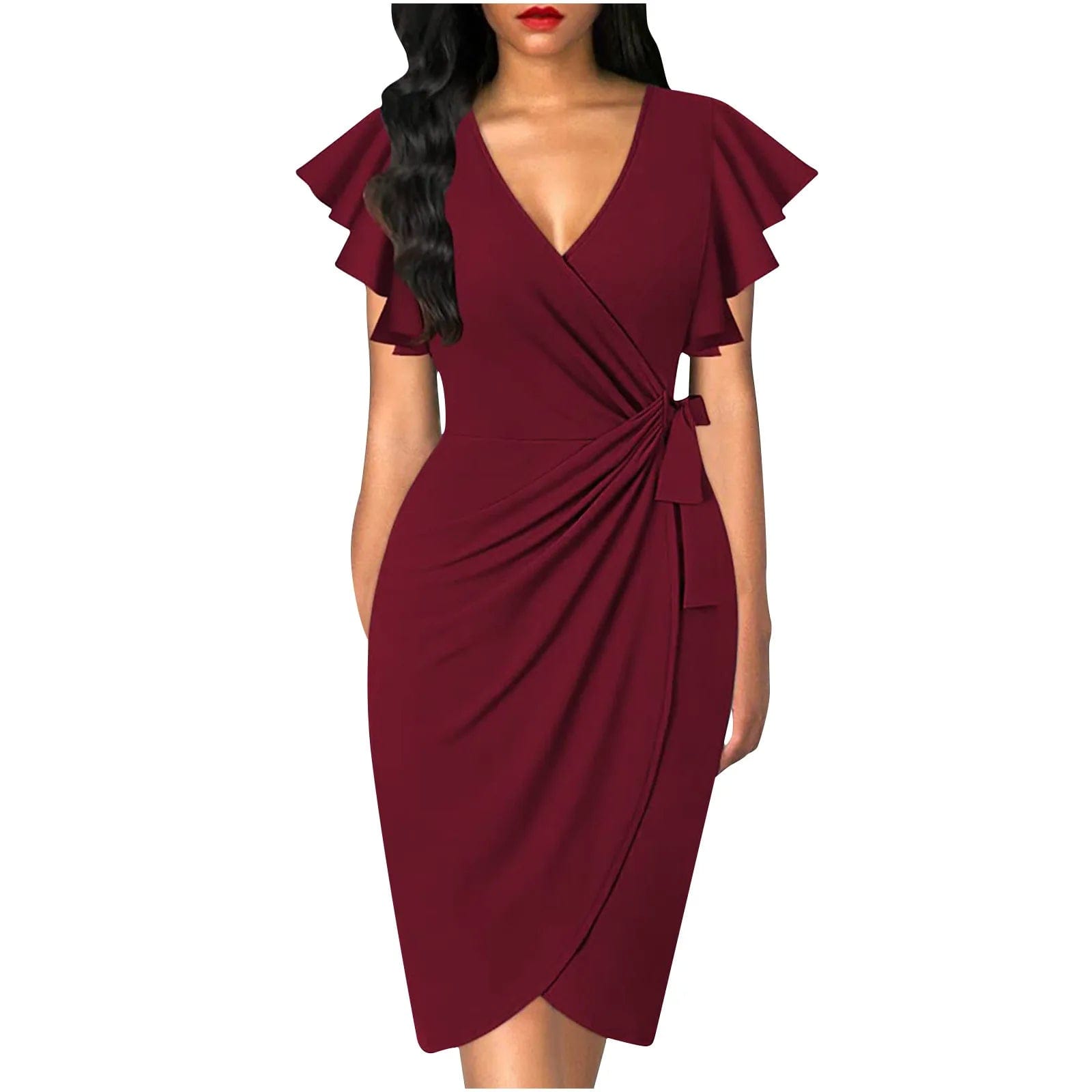 SHOWLU FASHION STORE winered / XXL Summer Elegant  Bodycom Dress Lady V-Neck Petal Sleeve Dress Solid Color Pleated Work Robe Clothes