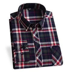  Showlu Fashion Store Winter Men's Plaid Casual Shirts Cotton Warm Flannel Long Sleeve Front Pocket Fashion Clothing Businessman Daily Shirts Easycare