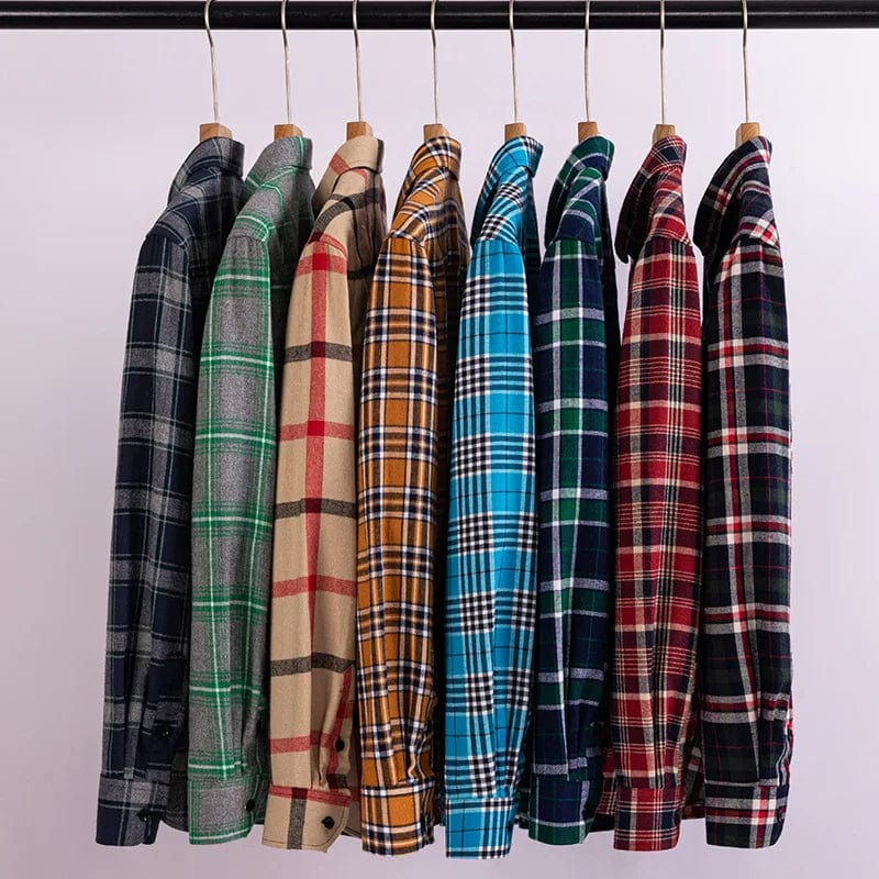  Showlu Fashion Store Winter Men's Plaid Casual Shirts Cotton Warm Flannel Long Sleeve Front Pocket Fashion Clothing Businessman Daily Shirts Easycare