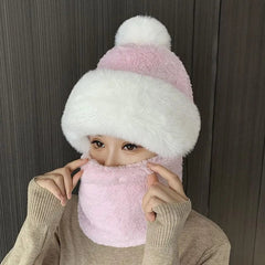 Showlu Fashion Store Winter Scarf Set Hooded for Women Plush Neck Warm Russia Outdoor Ski Windproof Hat Thick Plush Fluffy Beanies