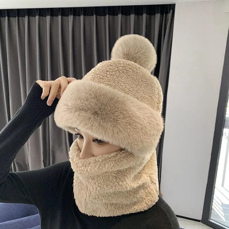  Showlu Fashion Store Winter Scarf Set Hooded for Women Plush Neck Warm Russia Outdoor Ski Windproof Hat Thick Plush Fluffy Beanies