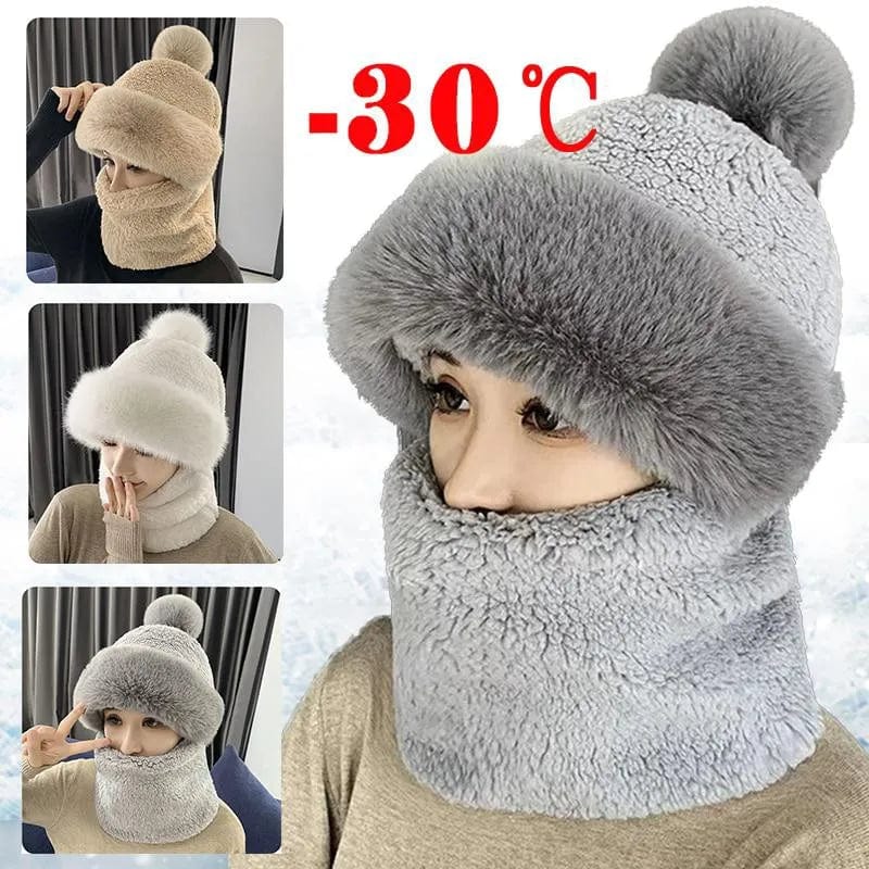 Showlu Fashion Store Winter Scarf Set Hooded for Women Plush Neck Warm Russia Outdoor Ski Windproof Hat Thick Plush Fluffy Beanies