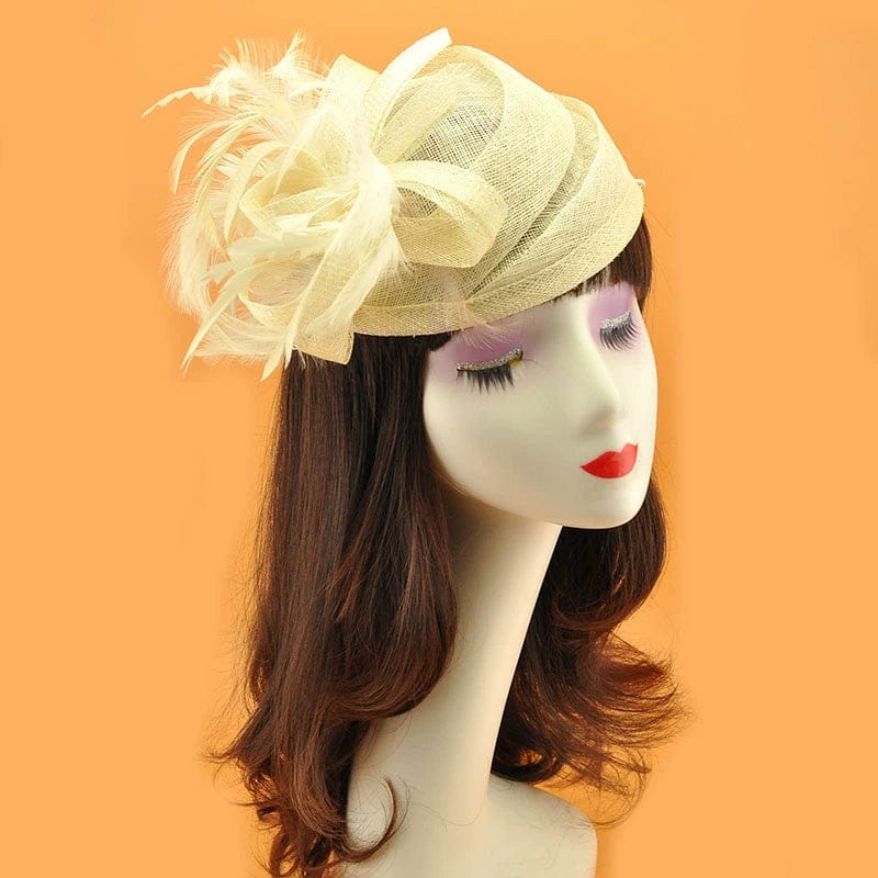  Showlu Fashion Store With veil sapphire blue Retro Linen Yarn Jockey Club Headdress Feather Billycock