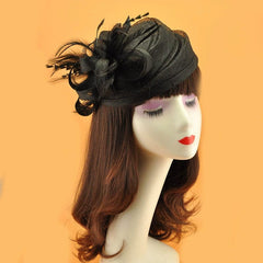  Showlu Fashion Store With veil sapphire blue Retro Linen Yarn Jockey Club Headdress Feather Billycock