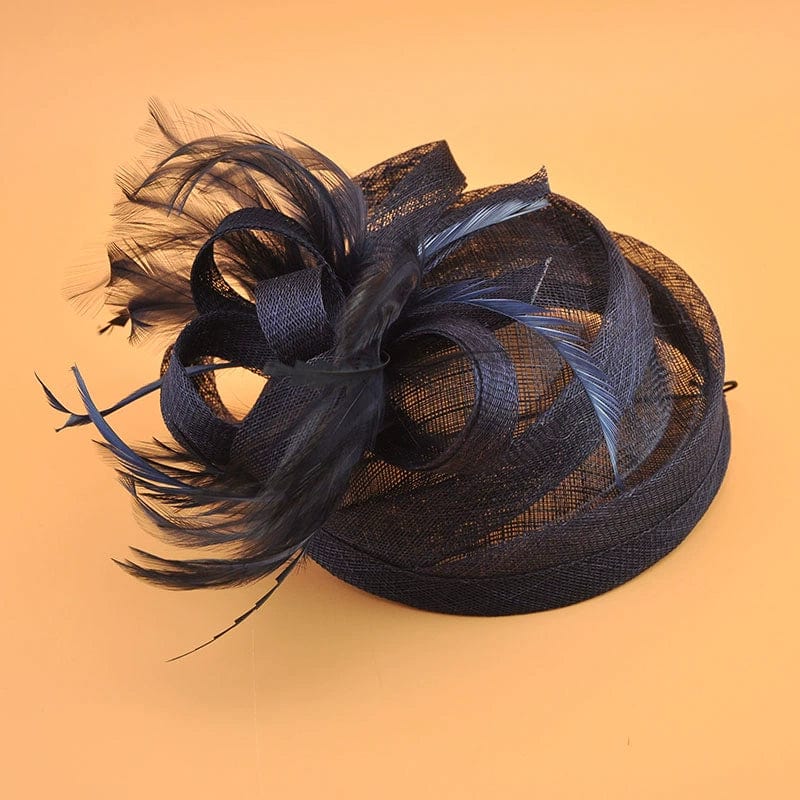  Showlu Fashion Store With veil sapphire blue Retro Linen Yarn Jockey Club Headdress Feather Billycock