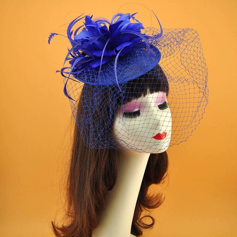  Showlu Fashion Store With veil sapphire blue Retro Linen Yarn Jockey Club Headdress Feather Billycock