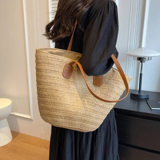  Showlu Fashion Store Women Braided Basket Clutches Top-handle Bag Large Straw Portable Shoulder Bag Summer Beach Party Purses Shopper Satchel Female