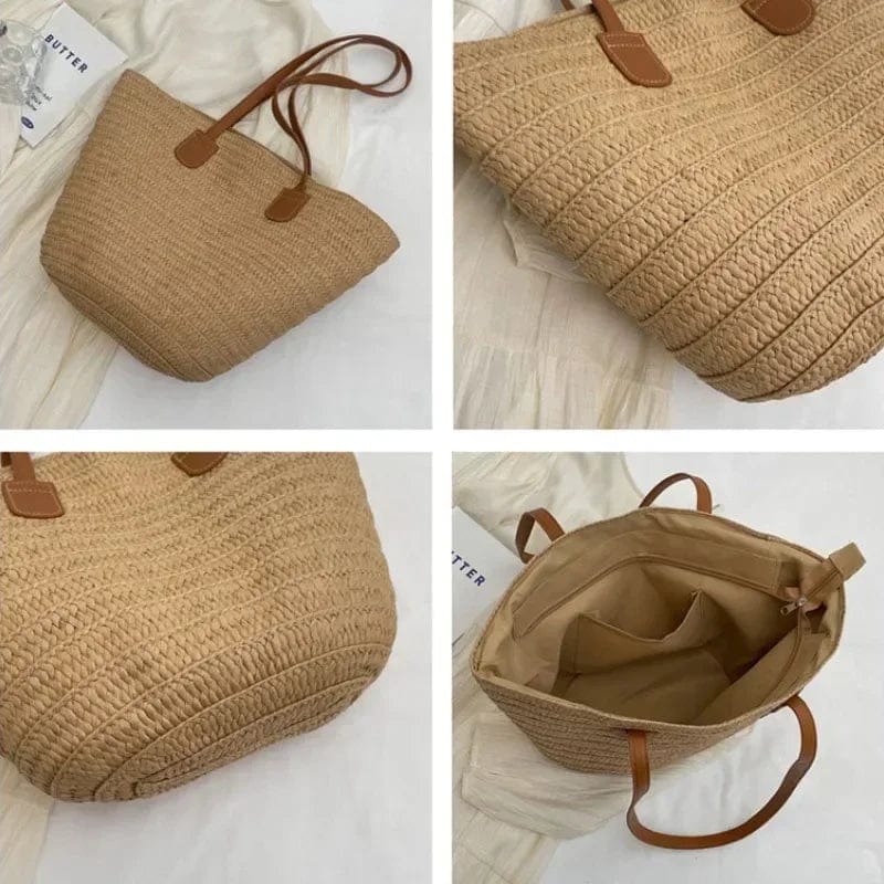  Showlu Fashion Store Women Braided Basket Clutches Top-handle Bag Large Straw Portable Shoulder Bag Summer Beach Party Purses Shopper Satchel Female