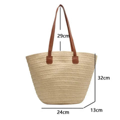  Showlu Fashion Store Women Braided Basket Clutches Top-handle Bag Large Straw Portable Shoulder Bag Summer Beach Party Purses Shopper Satchel Female