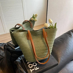  Showlu Fashion Store Women Braided Basket Clutches Top-handle Bag Large Straw Portable Shoulder Bag Summer Beach Party Purses Shopper Satchel Female