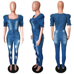  Showlu Fashion Store Women Buttons Sexy Denim Jumpsuit Hole Long Rompers Pocket Bodycon Summer Jeans Overalls Casual Fashion Party Club Playsuit