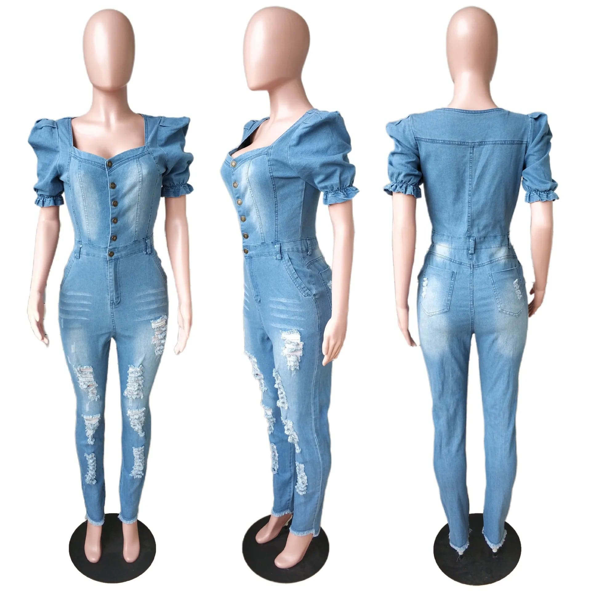  Showlu Fashion Store Women Buttons Sexy Denim Jumpsuit Hole Long Rompers Pocket Bodycon Summer Jeans Overalls Casual Fashion Party Club Playsuit