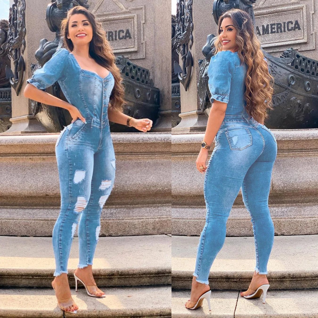  Showlu Fashion Store Women Buttons Sexy Denim Jumpsuit Hole Long Rompers Pocket Bodycon Summer Jeans Overalls Casual Fashion Party Club Playsuit