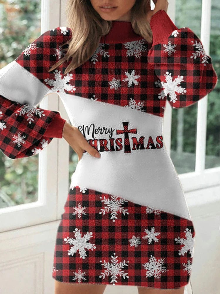  Showlu Fashion Store Women Christmas Printing Lantern Sleeve Flannel Party Dress Female Round Neck Sexy Slim Mini Dress Autumn Winter Warm Vestidos