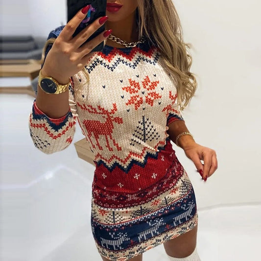  Showlu Fashion Store Women Elk Snowflake Print Christmas Dress Xmas Bodycons Mini Dresses Round Neck Long Sleeve New Year Party Dresses Robe Femmes