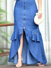  Showlu Fashion Store Women Fashion Plain Boat Neck Short Sleeve Tulip Hem Maxi Denim Bodycon Dress Denim Dress Casual Long Dresses Streetwear