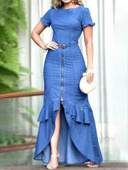  Showlu Fashion Store Women Fashion Plain Boat Neck Short Sleeve Tulip Hem Maxi Denim Bodycon Dress Denim Dress Casual Long Dresses Streetwear