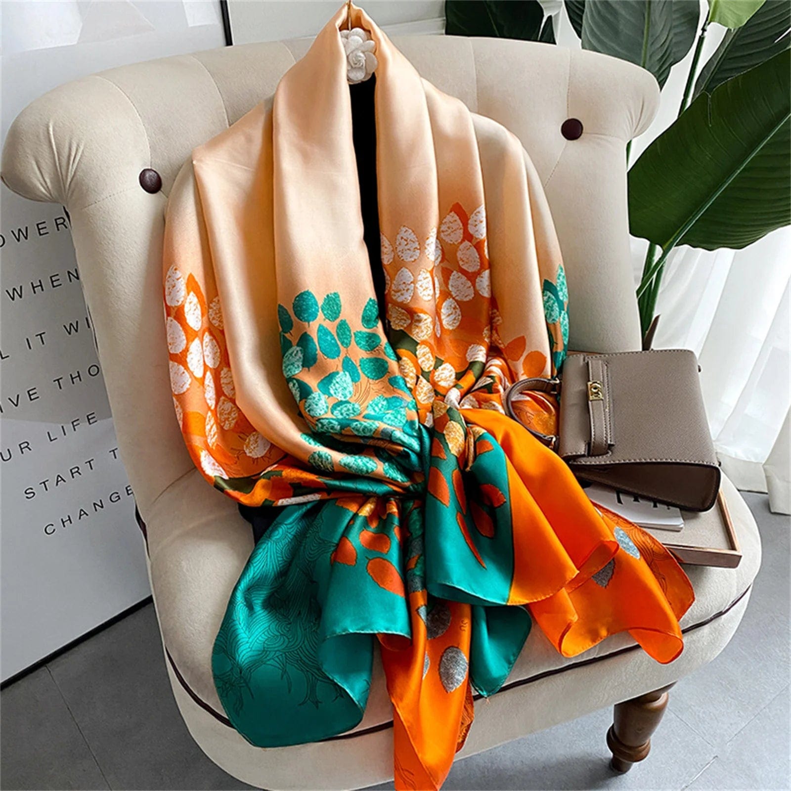  Showlu Fashion Store Women Fashion Print Silk Scarf Luxury Brand Warm 180X90CM Scarves Popular Lrage Satin Finish Shawl The Four Seasons Design Hijab