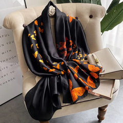  Showlu Fashion Store Women Fashion Print Silk Scarf Luxury Brand Warm 180X90CM Scarves Popular Lrage Satin Finish Shawl The Four Seasons Design Hijab