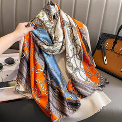  Showlu Fashion Store Women Fashion Print Silk Scarf Luxury Brand Warm 180X90CM Scarves Popular Lrage Satin Finish Shawl The Four Seasons Design Hijab