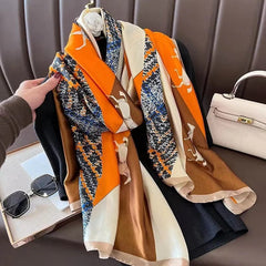  Showlu Fashion Store Women Fashion Print Silk Scarf Luxury Brand Warm 180X90CM Scarves Popular Lrage Satin Finish Shawl The Four Seasons Design Hijab