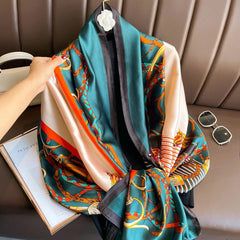  Showlu Fashion Store Women Fashion Print Silk Scarf Luxury Brand Warm 180X90CM Scarves Popular Lrage Satin Finish Shawl The Four Seasons Design Hijab