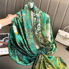  Showlu Fashion Store Women Fashion Print Silk Scarf Luxury Brand Warm 180X90CM Scarves Popular Lrage Satin Finish Shawl The Four Seasons Design Hijab