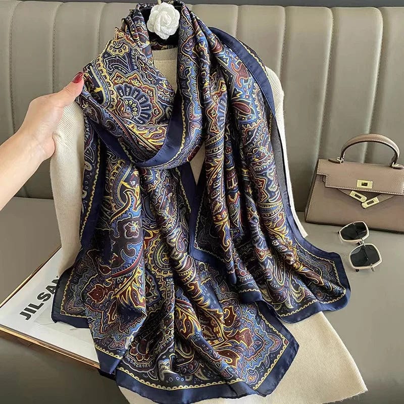  Showlu Fashion Store Women Fashion Print Silk Scarf Luxury Brand Warm 180X90CM Scarves Popular Lrage Satin Finish Shawl The Four Seasons Design Hijab