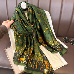  Showlu Fashion Store Women Fashion Print Silk Scarf Luxury Brand Warm 180X90CM Scarves Popular Lrage Satin Finish Shawl The Four Seasons Design Hijab