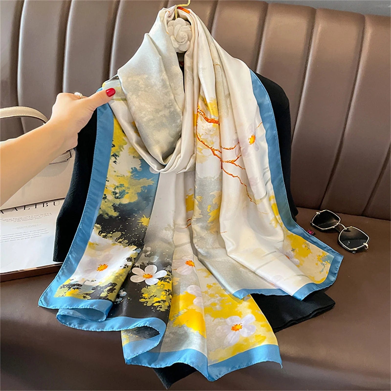  Showlu Fashion Store Women Fashion Print Silk Scarf Luxury Brand Warm 180X90CM Scarves Popular Lrage Satin Finish Shawl The Four Seasons Design Hijab