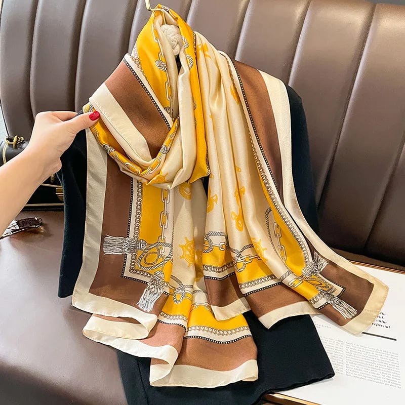  Showlu Fashion Store Women Fashion Print Silk Scarf Luxury Brand Warm 180X90CM Scarves Popular Lrage Satin Finish Shawl The Four Seasons Design Hijab