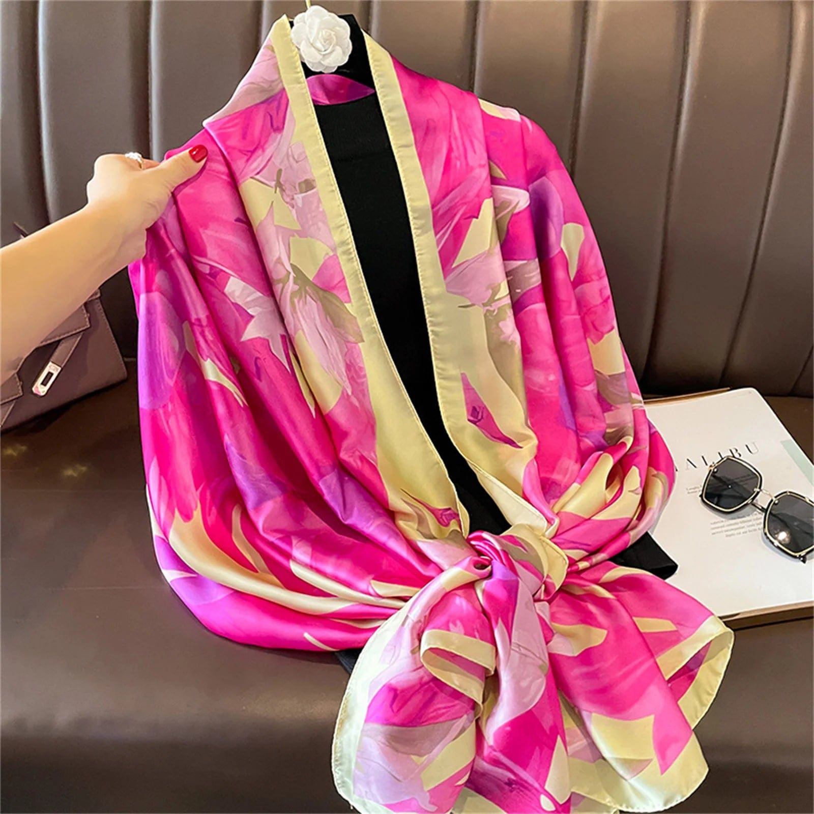  Showlu Fashion Store Women Fashion Print Silk Scarf Luxury Brand Warm 180X90CM Scarves Popular Lrage Satin Finish Shawl The Four Seasons Design Hijab