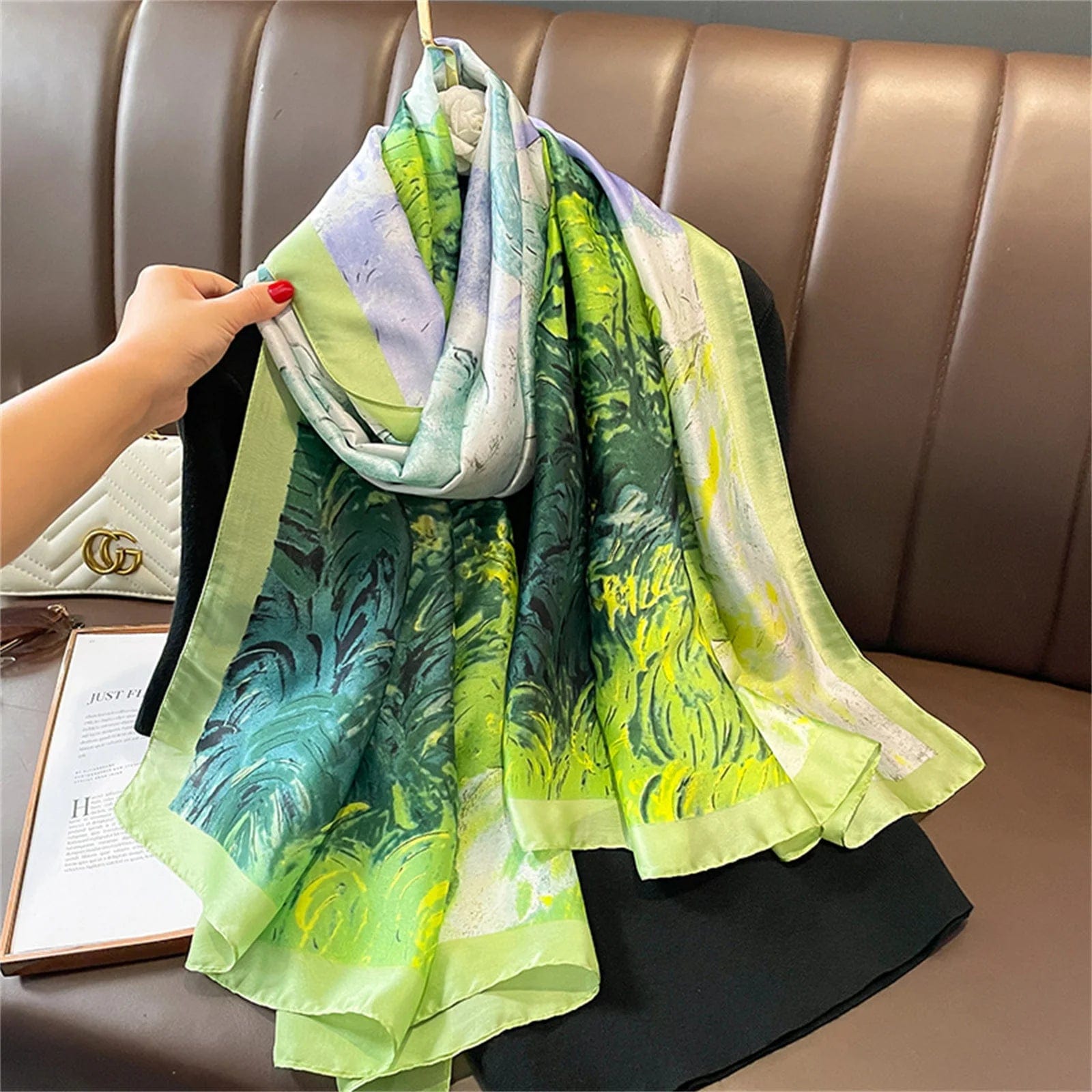  Showlu Fashion Store Women Fashion Print Silk Scarf Luxury Brand Warm 180X90CM Scarves Popular Lrage Satin Finish Shawl The Four Seasons Design Hijab