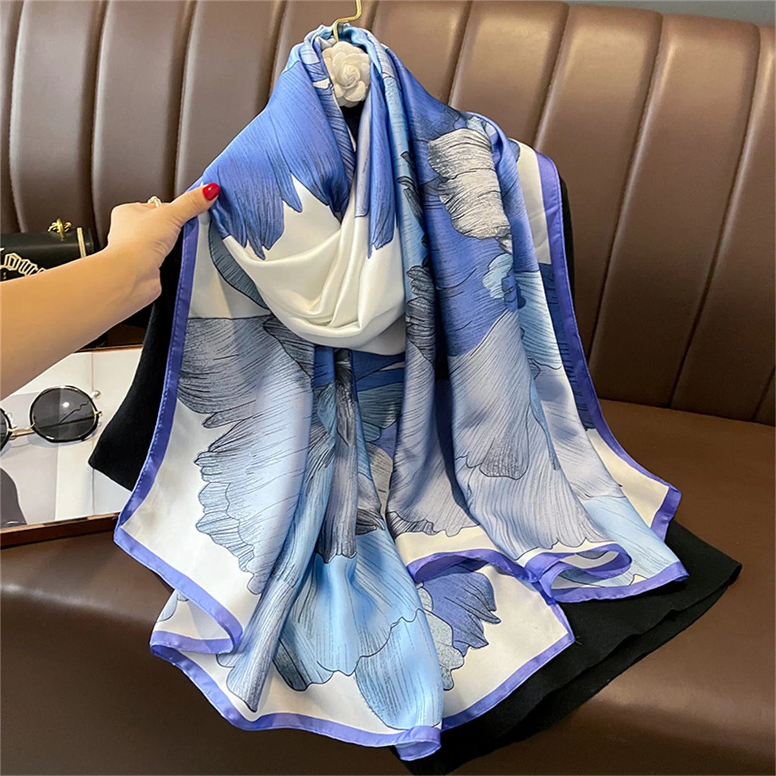  Showlu Fashion Store Women Fashion Print Silk Scarf Luxury Brand Warm 180X90CM Scarves Popular Lrage Satin Finish Shawl The Four Seasons Design Hijab