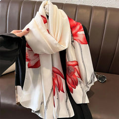  Showlu Fashion Store Women Fashion Print Silk Scarf Luxury Brand Warm 180X90CM Scarves Popular Lrage Satin Finish Shawl The Four Seasons Design Hijab