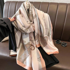  Showlu Fashion Store Women Fashion Print Silk Scarf Luxury Brand Warm 180X90CM Scarves Popular Lrage Satin Finish Shawl The Four Seasons Design Hijab