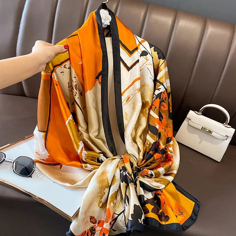  Showlu Fashion Store Women Fashion Print Silk Scarf Luxury Brand Warm 180X90CM Scarves Popular Lrage Satin Finish Shawl The Four Seasons Design Hijab