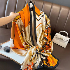  Showlu Fashion Store Women Fashion Print Silk Scarf Luxury Brand Warm 180X90CM Scarves Popular Lrage Satin Finish Shawl The Four Seasons Design Hijab