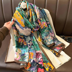  Showlu Fashion Store Women Fashion Print Silk Scarf Luxury Brand Warm 180X90CM Scarves Popular Lrage Satin Finish Shawl The Four Seasons Design Hijab