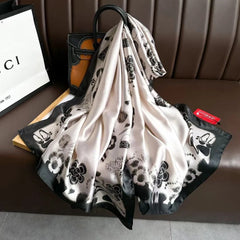  Showlu Fashion Store Women Fashion Print Silk Scarf Luxury Brand Warm 180X90CM Scarves Popular Lrage Satin Finish Shawl The Four Seasons Design Hijab