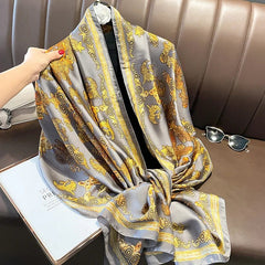  Showlu Fashion Store Women Fashion Print Silk Scarf Luxury Brand Warm 180X90CM Scarves Popular Lrage Satin Finish Shawl The Four Seasons Design Hijab